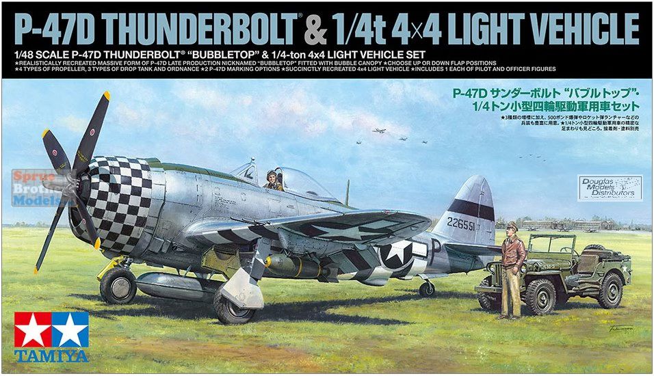 TAM25214 1:48 Tamiya P-47D Thunderbolt Bobbletop & 1/4t 4x4 Light Vehicle  [2 kits] - Sprue Brothers Models LLC