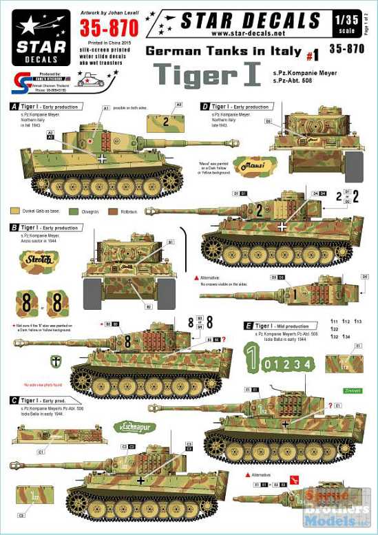 Peddinghaus 1/87 Various Tiger I Tank Markings WWII No.6 6 tanks 3237 HO 
