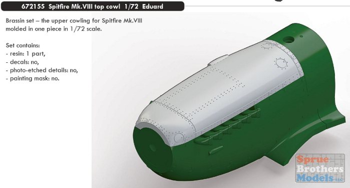 Eduard 1/72 Brassin set upper cowling for Spitfire Mk.VIII in one piece - 672155 Eduard 1/72 Brassin set upper cowling for Spitfire Mk.VIII in one piece - 672155