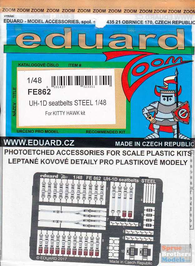 Eduard 1//48 FE862 Colour Steel Etch UH-1D Huey Seatbelts Kitty Hawk kit