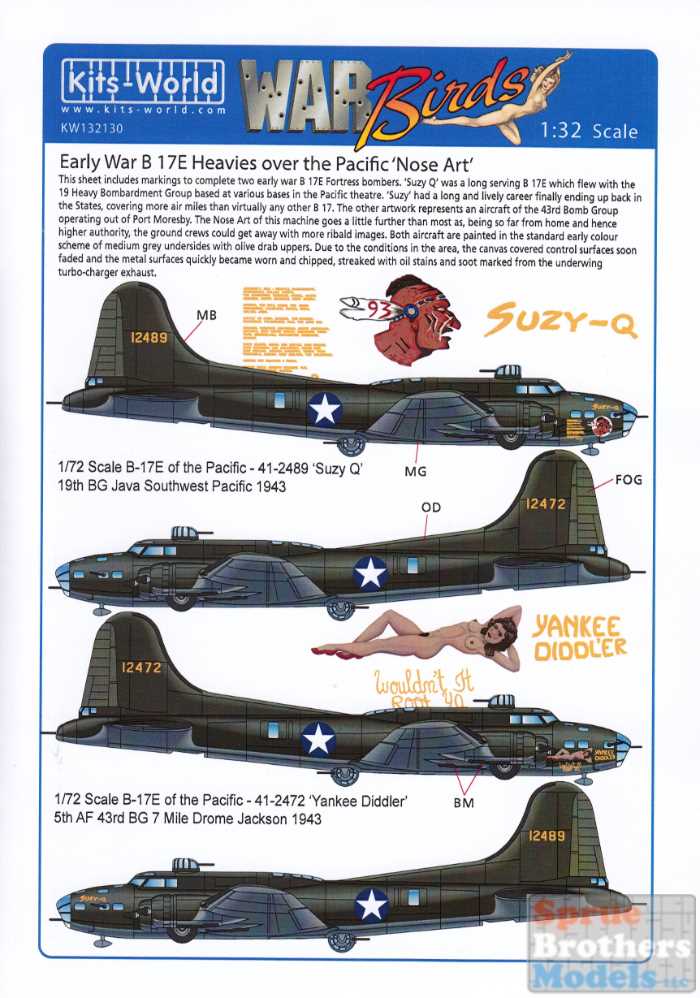 KSW132130 1:32 Kits-World Decals - B-17E Flying Fortress 'Early War B 17E  Heavies over the Pacific Nose Art'
