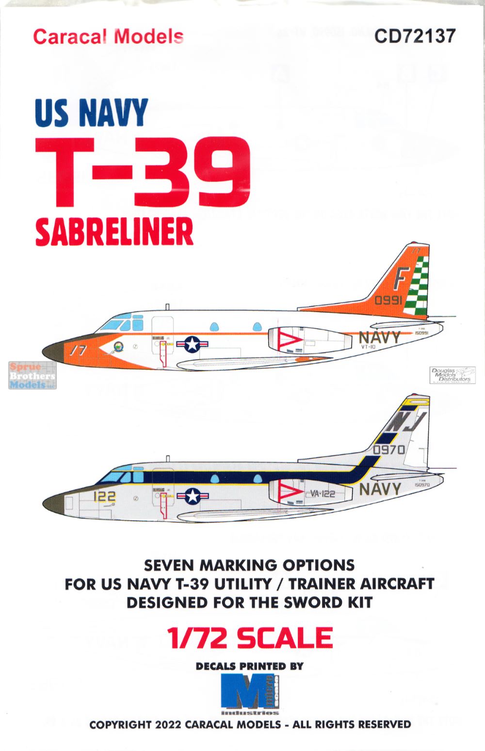CARCD72137 1:72 Caracal Models Decals - US Navy T-39 Sabreliner