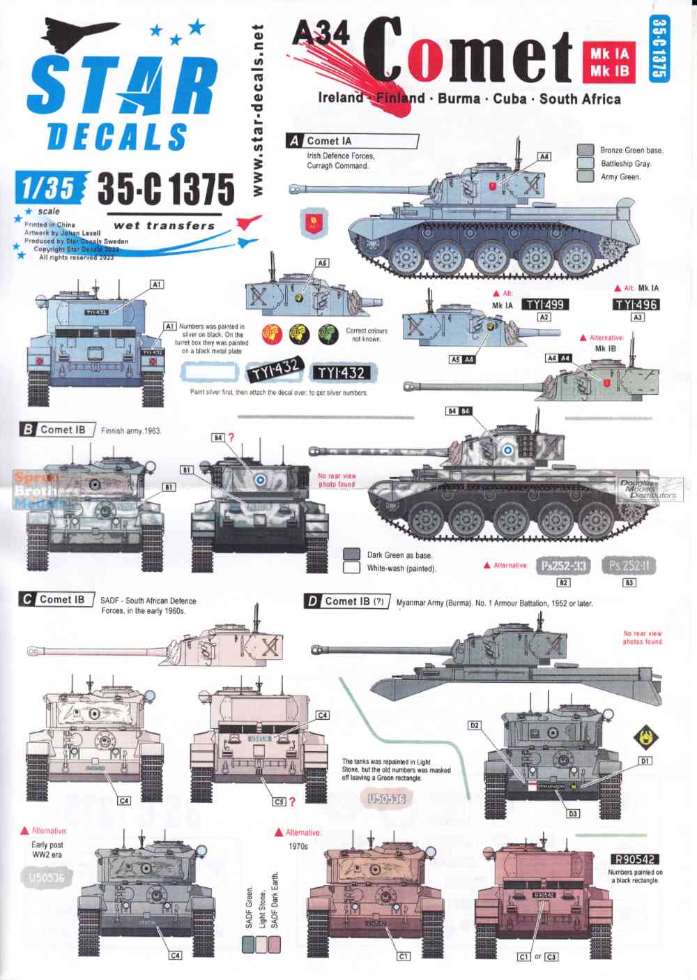 SRD35C1375 1:35 Star Decals - A34 Comet Post-War Operators (Ireland Finland  Burma Cuba South Africa)